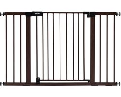 BABELIO 29-48 Inch Black Wood Pattern Baby Fence Automatic Close Dog Fence for Home, Stairs and Doorways, Pressure Mounted Pet Gate with Door, with Y Spindle Rods