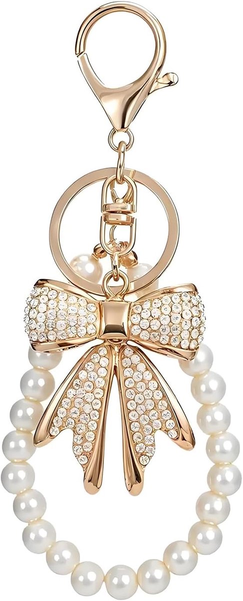 Sleutelhanger met strass-strik, sleutelhanger met initiaallus en kunstparelketting, sleutelhanger voor handtassen