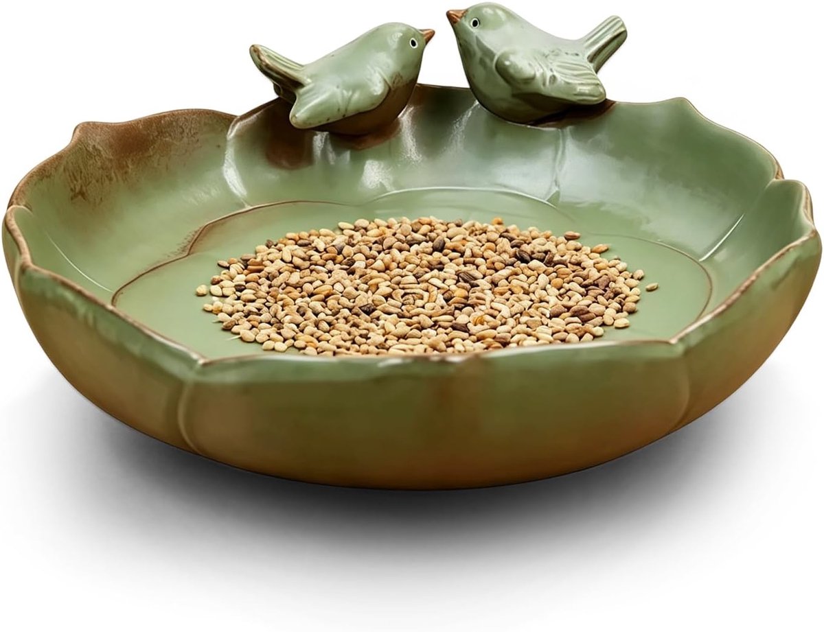 Winterbestendig, 24 cm, rond, vorstbestendig, keramiek, vogelbad, vogelbad, vogelbad, vogelbad, groot met 2 decoratieve vogels, voederbak, vogelbak voor wilde vogels (groen)