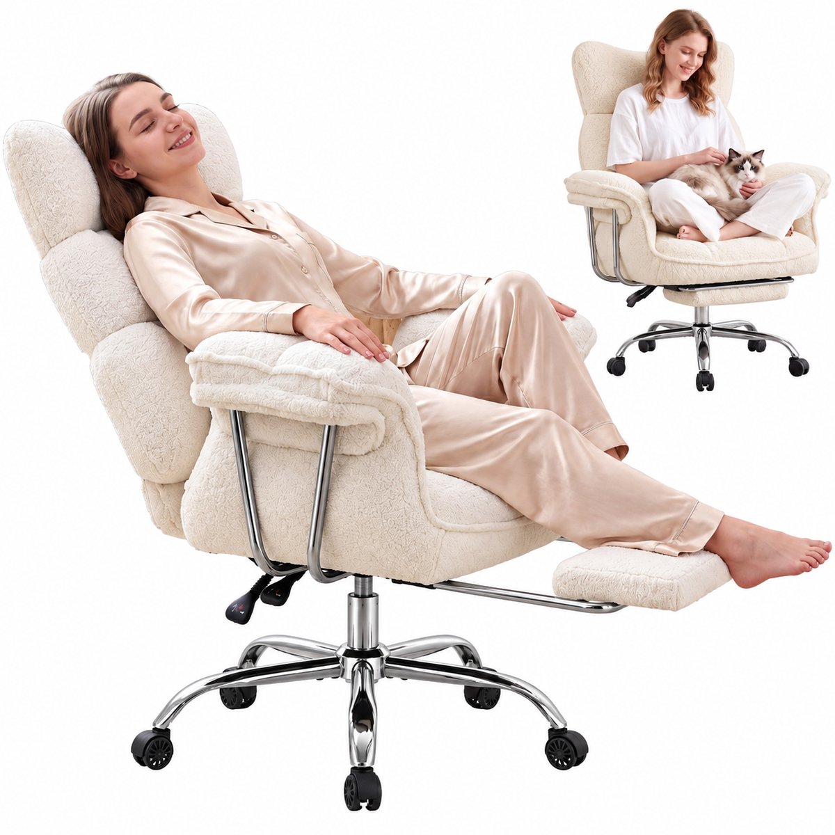 Dowinx Game stoelen - Gamestoel wit - Ergonomische Gamestoel - Grote Bureaustoel - Gamestoel met voetsteun - Verstelbare Gamingstoel - Tot 181 kg - Game bureaustoel chair - Teddy fleece