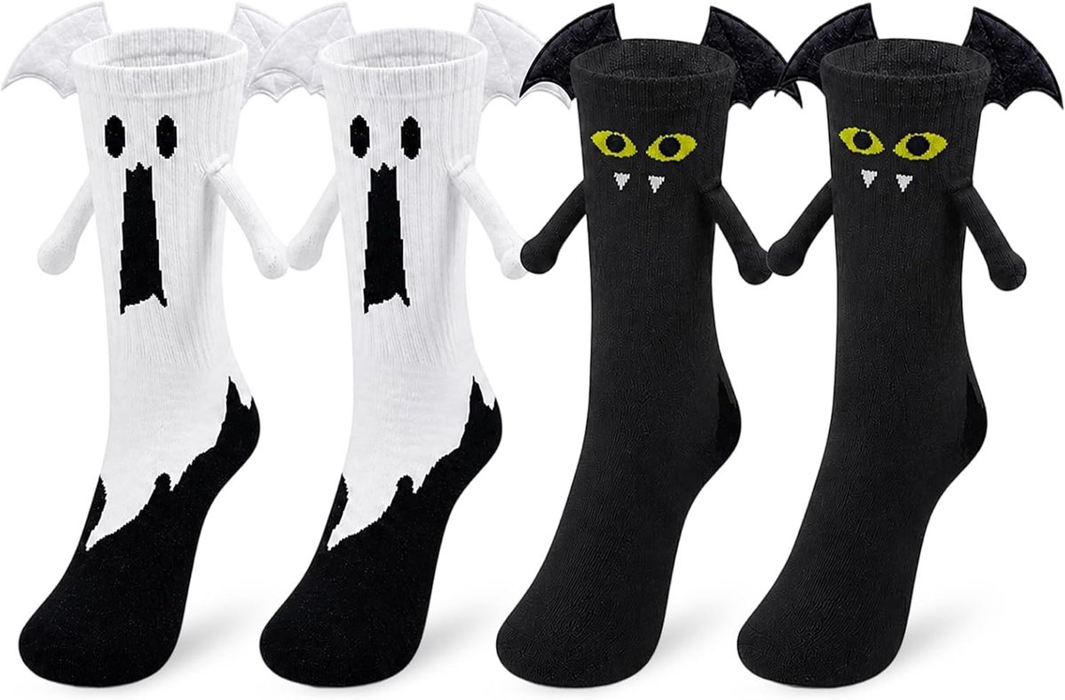 2 paar magnetische Halloween-sokken met vleermuis- en spookpatroon voor volwassenen (één maat 36-44)