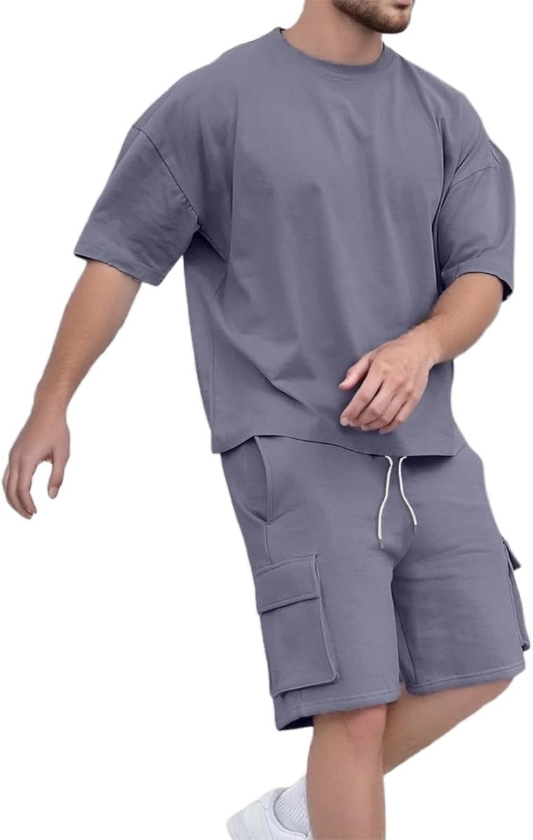 2-delige set voor heren, zomerkleding, shorts, T-shirt, sport, joggen, trainingspak, casual, ademend, licht, katoen, mode, fitness, gym, zakken, elastische taille, A2