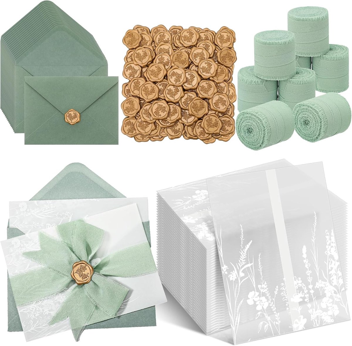 50 Sets Bruiloft Uitnodiging Kit Inclusief Vellum Jassen voor 5x7 Uitnodigingen Salie Groene Envelop Liners Gouden Wax Seal Stickers voor Bruiloft Verjaardagsfeest Gunst DIY Craft