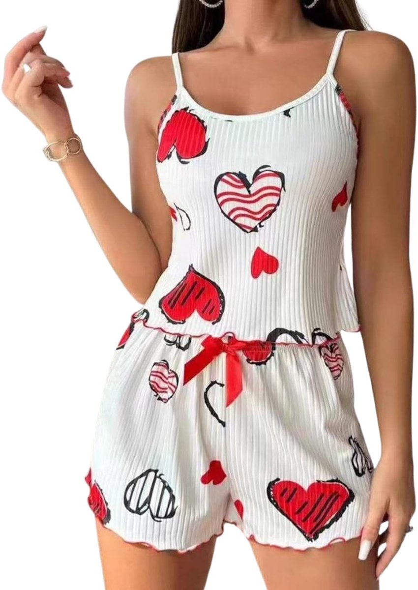Pyjama voor dames, kort, tweedelige pyjamaset, hartjesprint, cami top en shorts, mouwloos, nachtkleding, sexy loungewear