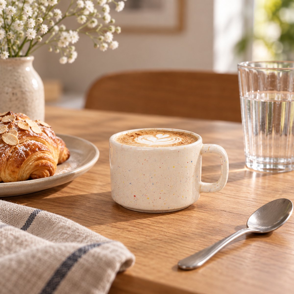 Fameilleur Mokken Set van 4 – Crèmekleurige Koffiemokken met Gekleurde Spikkels – Compacte Bekers met Hoekig Oor – Voor Koffie, Thee en Warme Chocolademelk – Glanzende Drinkbekers voor Ontbijt, Koffiepauze en Dagelijks Gebruik- koffie mok- koffiemok