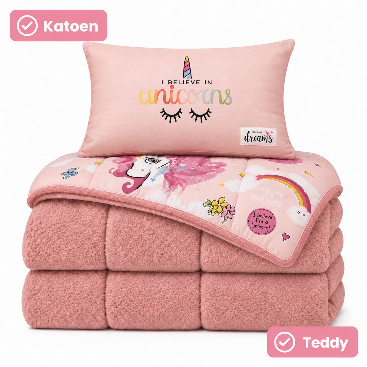 Decoware Kinderdekbed Zonder Overtrek Unicorn - Met Kussensloop - Ademend Katoen & Zacht Teddy - Hoesloos & Wasbaar - Pink Dreams - Roze