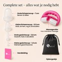 Complete set met 4 cupping cups (groot en klein voor lichaam en gezicht), massage roller, handleiding en opbergzakje.
