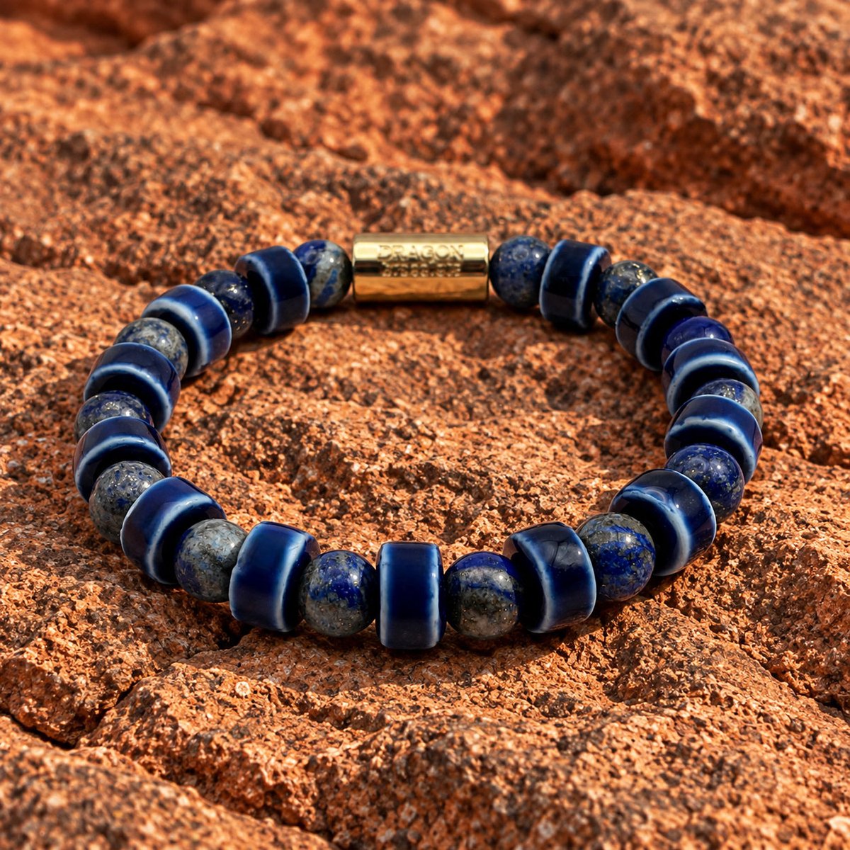 Dragon Bracelets® - Terra Pacific - Natuurstenen Armband - Lapis Lazuli - Geglazuurd Keramiek - Blauw - Grijs