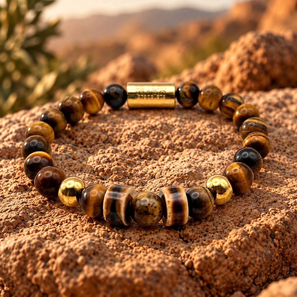 Dragon Bracelets® - Terra Sunset - Natuurstenen Armband - Tijgeroog - Geglazuurd Keramiek - Bruin - Goud