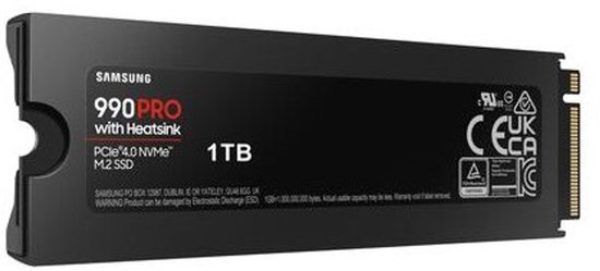 Samsung 990 PRO SSD met heatsink, 1TB, PCIe 4.0 NVMe M.2, met certificeringen.