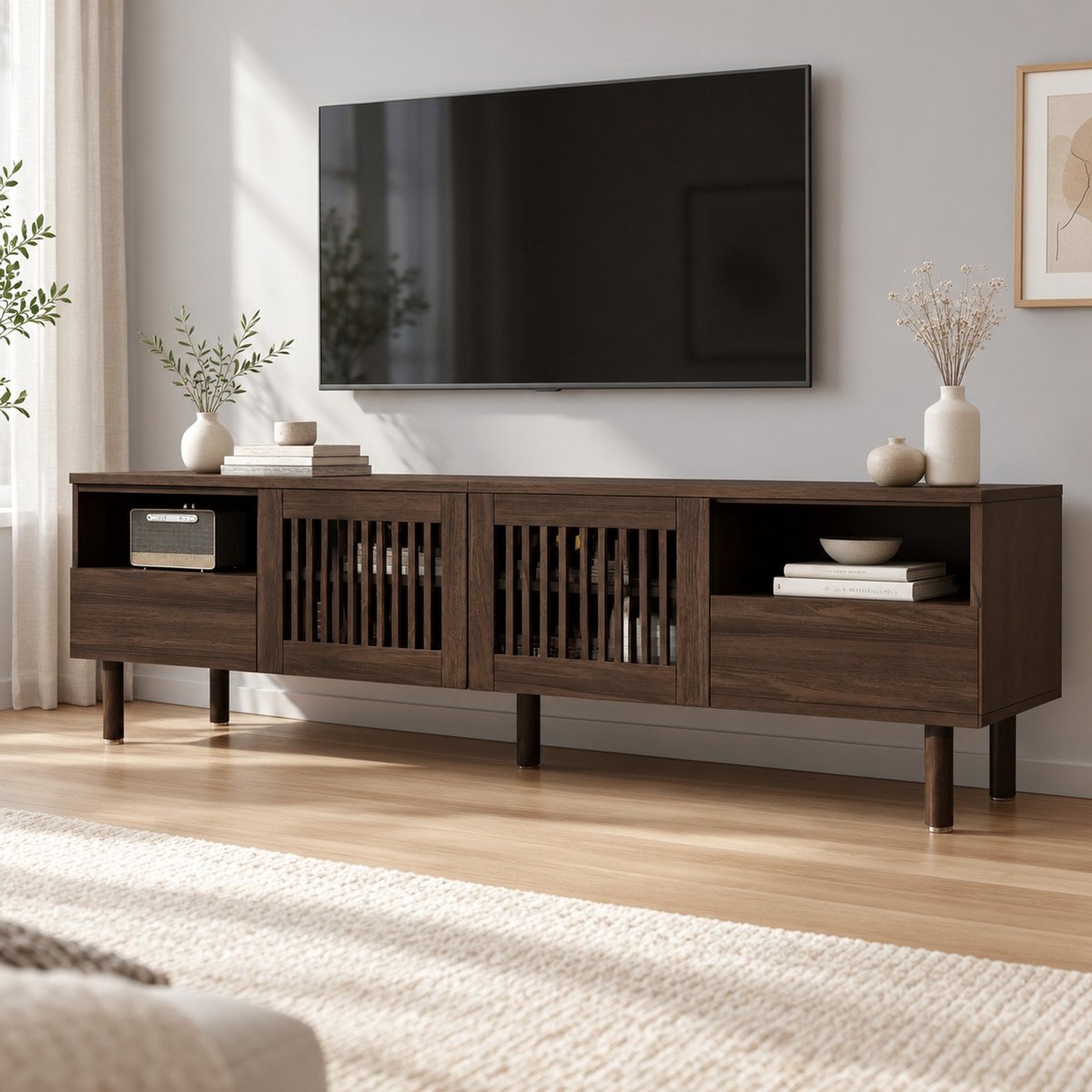 DESMIU TV-Meubel - 2 Deuren, 2 Laden En Open Vakken - Voor Televisies Van 55 Tot 75 Inch - MDF - 180x40x51 Cm - Walnootkleur