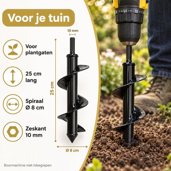 DIVERZA Grondboor / Plantgatboor – Zeskant 10 mm – Spiraalboor voor Boormachine – 25 × 8 cm – Zwart — afbeelding 2