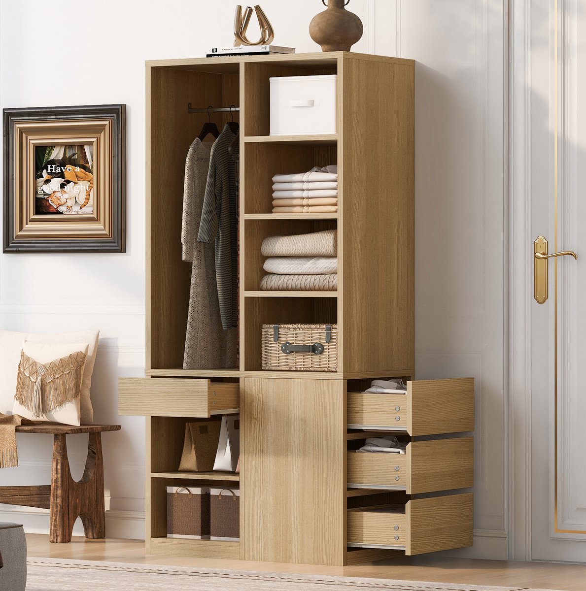 DESMIU Kledingkast - Open Opbergruimte Met Hangstang En Laden - Voor Slaapkamer En Kleedruimte - MDF En Multiplex - 70x50x170 Cm - Houtkleur