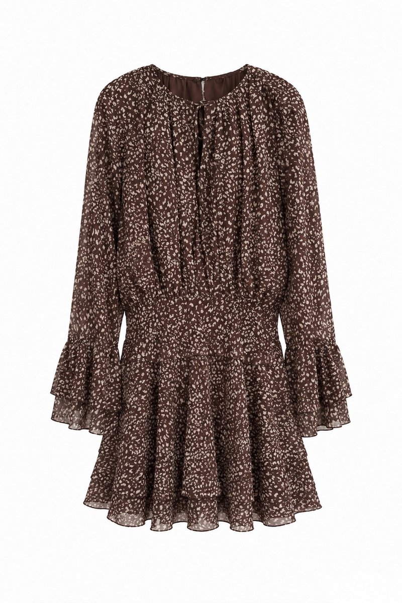 Van Verla - Jurk met strik en leopardprint Dames - Lange mouw - Ronde hals - Bruin - Maat S