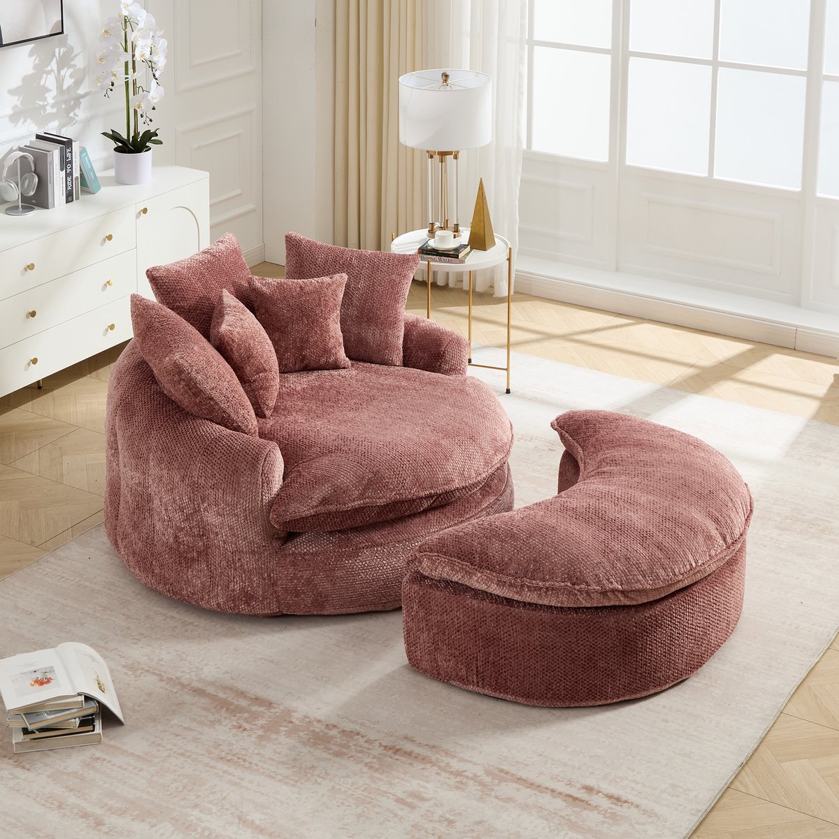 MIVRAY Fauteuil 190,5 x 138 x 63 cm - Royale Ronde Loungestoel Met Voetenbank En Kussens - Woonkamer - Polyester Met Schuimvulling Roze Pink