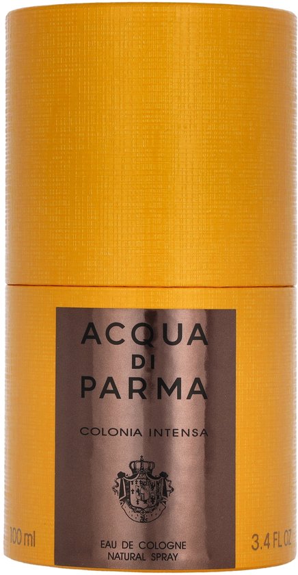 Gele, gestructureerde doos van Acqua di Parma Colonia Intensa 100 ml Eau de Cologne Natural Spray.