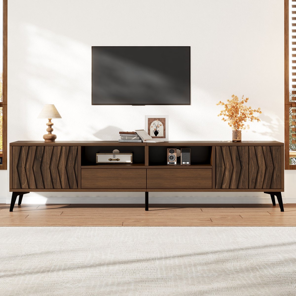 Wishdor TV meubel - Twee deuren en twee lades - Open vak met kabeldoorvoer - Zelfsluitende scharnieren - Retro stijl - Woonkamer hobbyruimte - Bewerkt hout - Walnootkleur - 180 x 35 x 45 cm