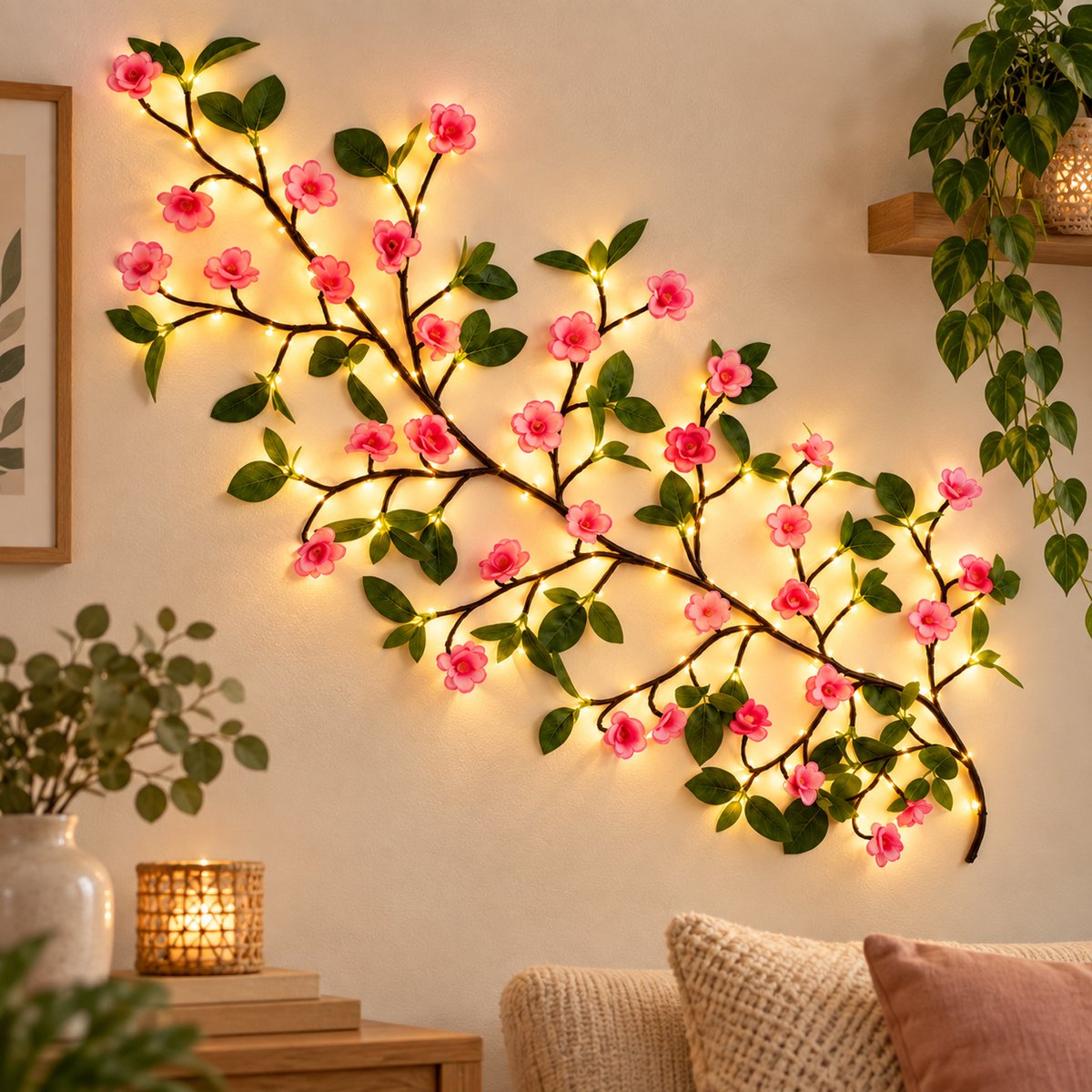 Betoverende Wilgentak-Lichtslinger – lamp – 1,2 meter Twinkelende Boomtak met Afstandsbediening – 48 LED-Slingerlampjes voor Wand – Slaapkamer – Woonkamer & Huisdecoratie – Roze