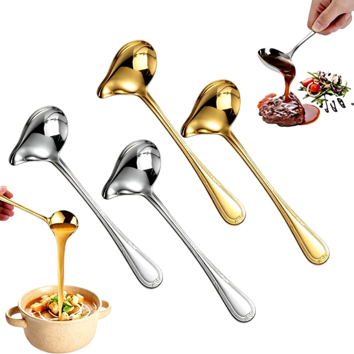 4x RVS Sauslepel – Grote Soeplepel met Lange Steel - praktisch en multifunctioneel keukengereedschap – Opscheplepel voor Stoofgerechten en Hotpot – Zilver+Goud