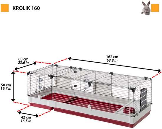 Technische tekening van de Krolik 160 konijnenkooi met afmetingen van 162x60x50 cm.