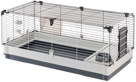Krolik Extra Large konijnenkooi, leeg, met grijze basis en donkergrijze bodem.