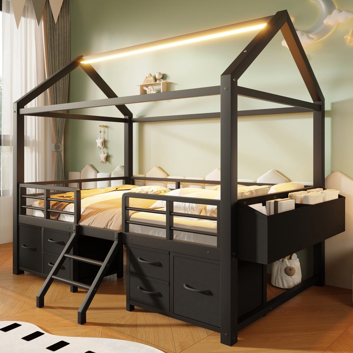 Pugsdrly Hoogslaper 90 x 200 cm met huisdak, LED-verlichting; metalen kinderbed met meerdere stoffen lades, zwart