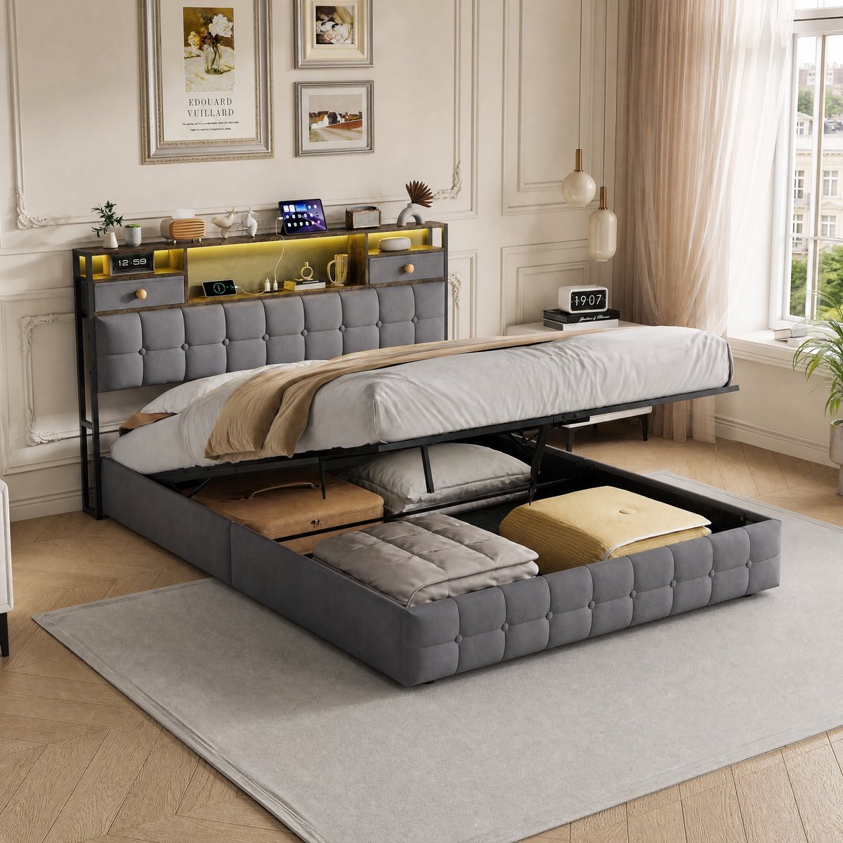 Tweepersoons opbergbed 160x200 cm - Grijs - Hydraulisch Bedframe met Ruime Opbergruimte, Hoofdbord met 2 Lades, RGB LED-Verlichting, USB & Type-C Oplaadpoorten thumbnail 6