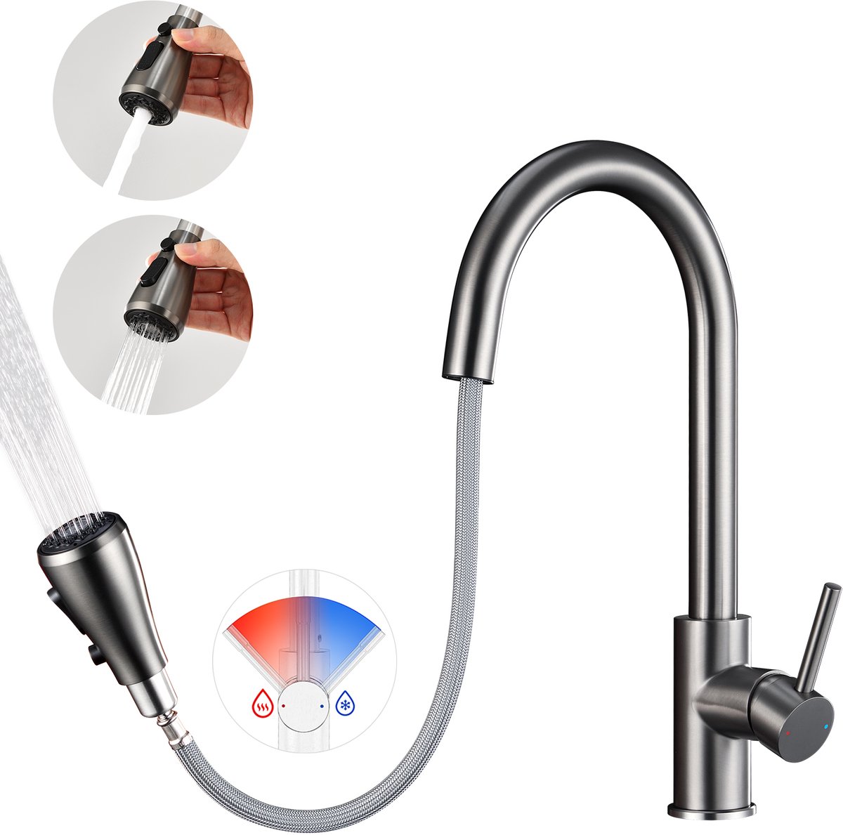 CECIPA max Keukenkraan Grijs(Gun metal) - Keukenkraan Met Uittrekbare Uitloop - 360° draaibare keukenkraan - 2 Waterafvoermodi