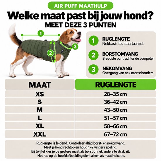 Militaire groene Furry Original hondenjas op een beigebruine hond. Metingen: RUG LENGTE 28-72 cm, BORSTOMVANG 28-72 cm, NEKOMVANG 28-72 cm.