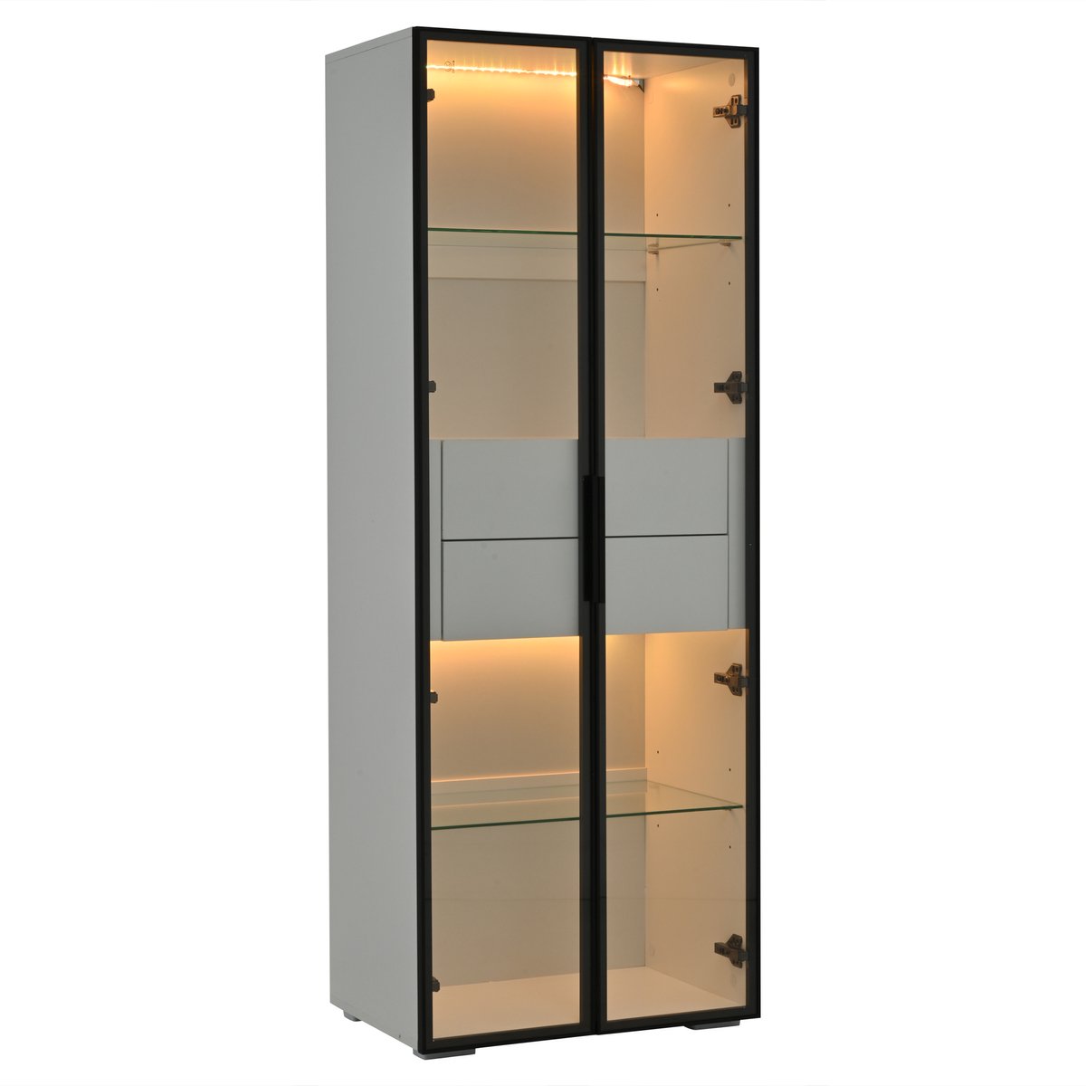 Vitrinekast Met Deur Van Gehard Glas En Ledverlichting - Twee Lades En Verstelbare Glazen Planken - Hoge Witte Kast Voor De Woonkamer - MDF