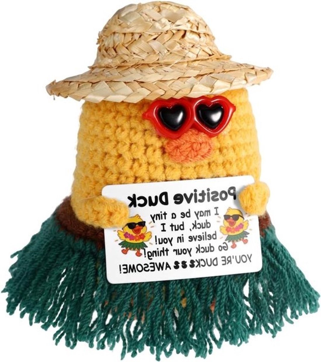 Emotionele steun gehaakte eend - Positieve boodschap - Zonnebril, grasrok