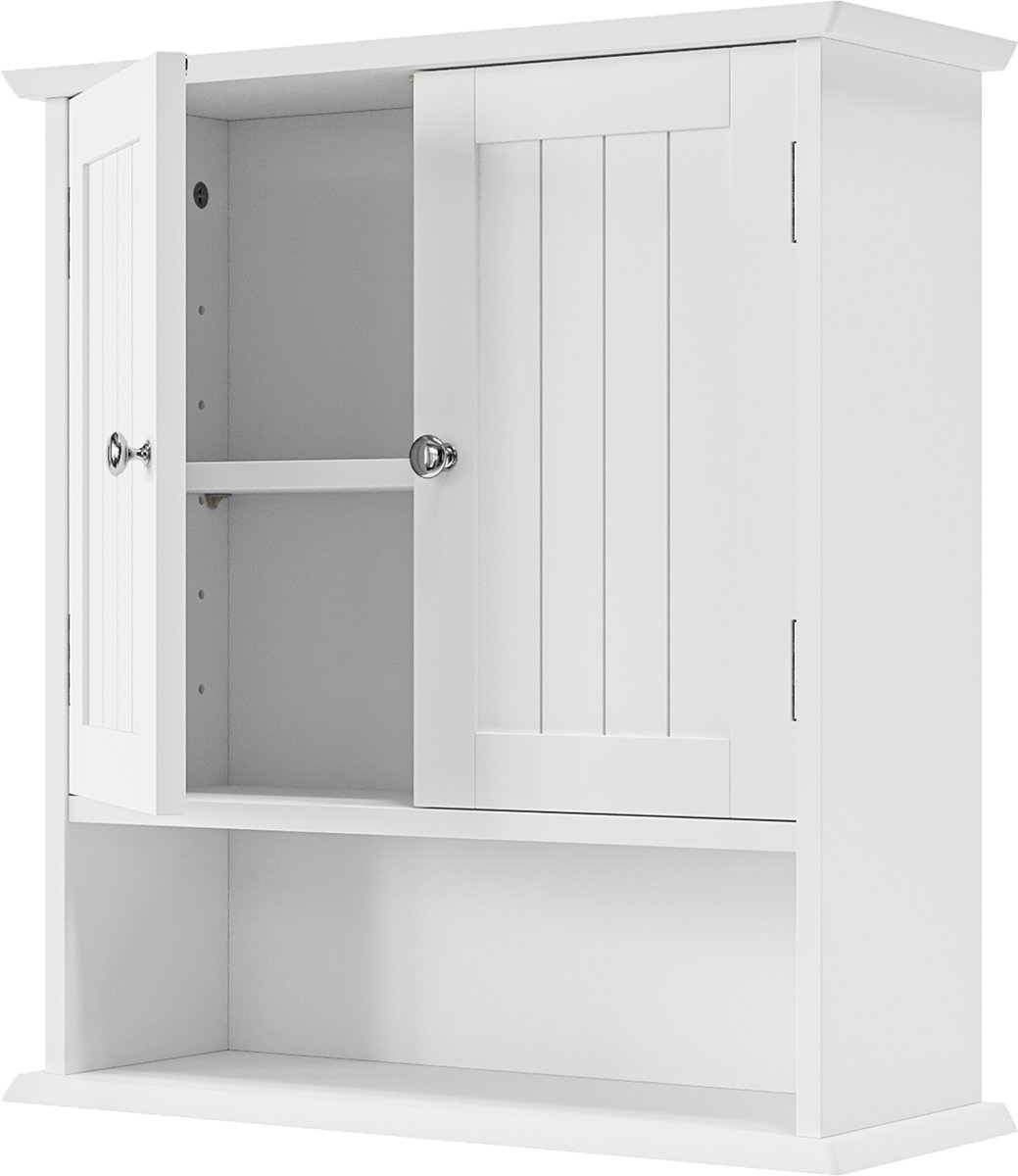 Badkamerkast Met Twee Deuren - Witte Wandkast Met Open Vak - Verstelbare Planken Voor Handdoeken En Toiletartikelen - Gelakt MDF - 54,6 x 19,8 x 59,9 cm