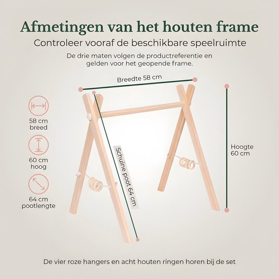 Houten babygym - Grenenhouten speelboog - 4 hangspeeltjes met roze details - 8 houten zijringen - Inklapbaar frame - 58 cm breed - 60 cm hoog - Naturel - Stevige & Veilige Constructie van Hou-Stimuleert motorische vaardigheden-voor Baby van 6 maanden — afbeelding 5
