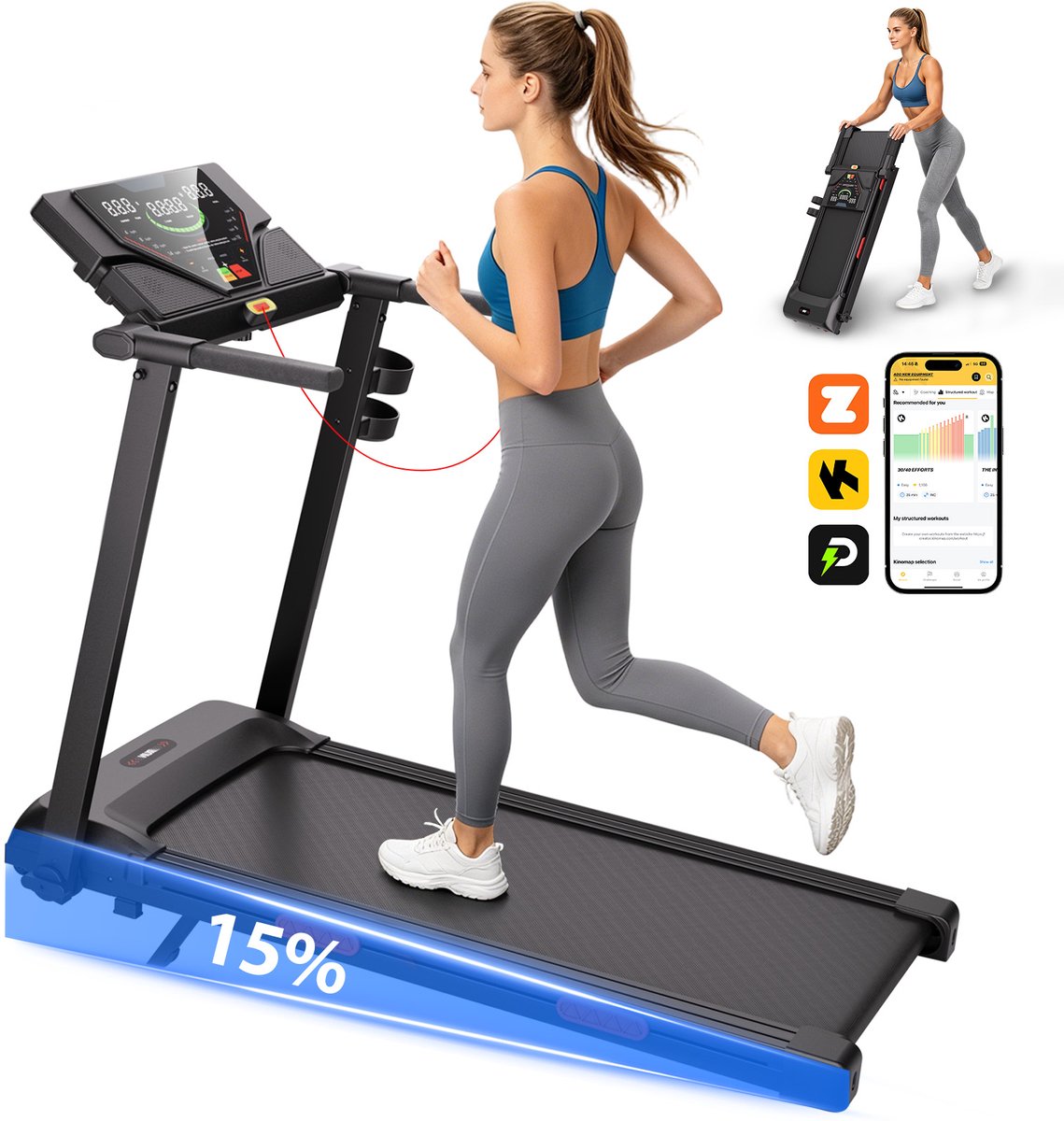 PULSE360 loopband inklapbaar met helling 15%-Snelheid 1‑14 km/u‑ 12 automatische trainingsprogramma's Wandelband‑ - LED paneel & Bluetooth ‑ Elektrisch voor thuis‑ Max belasting 135kg- Kinomap & Fitshow & Zwift