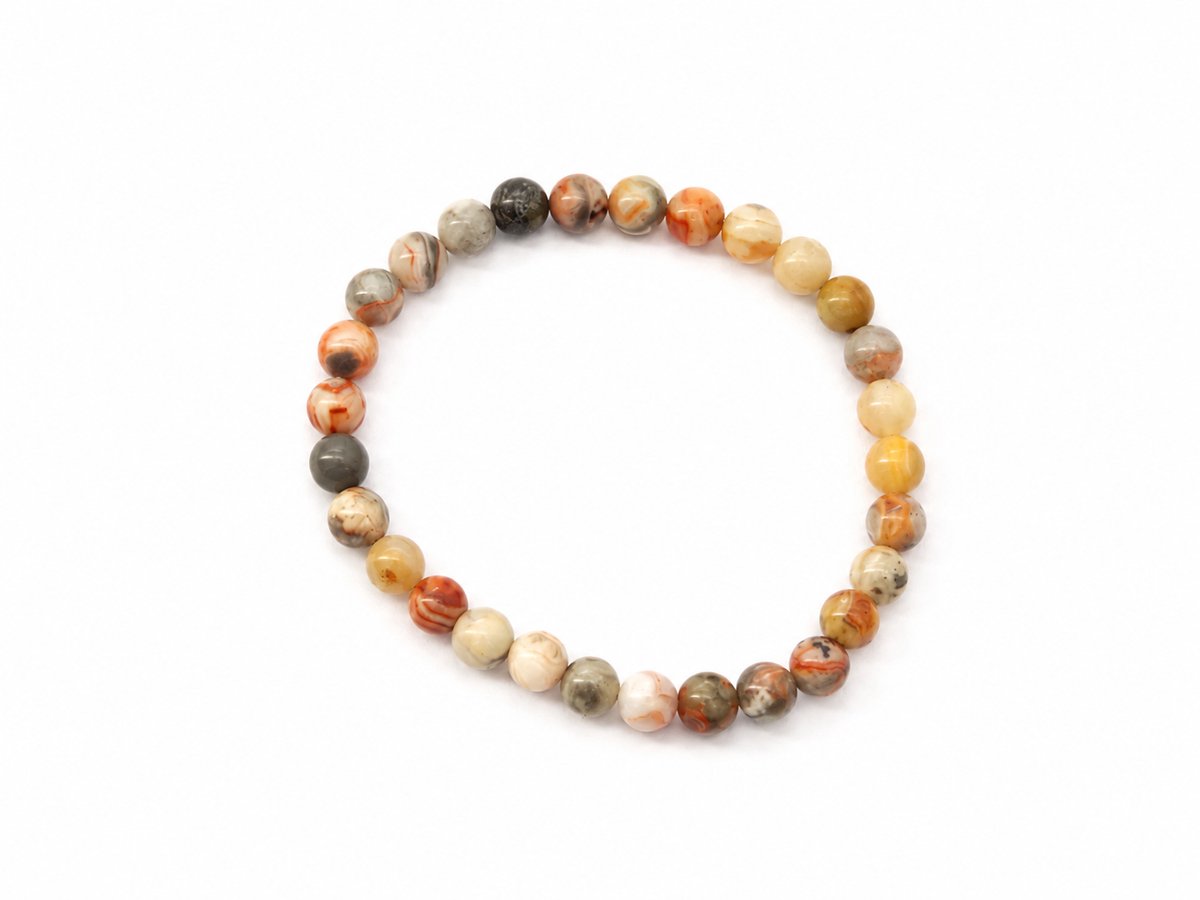 Crazy Lace Agaat Armband 17 cm – Natuurlijke Edelsteen Armband met 6 mm Kralen – Elastische Beige Oranje Grijze Kralenarmband – Armband voor Dames en Heren – Agaat armband - Crazy Lace Agaat Armband - Crazy Lace Agaat