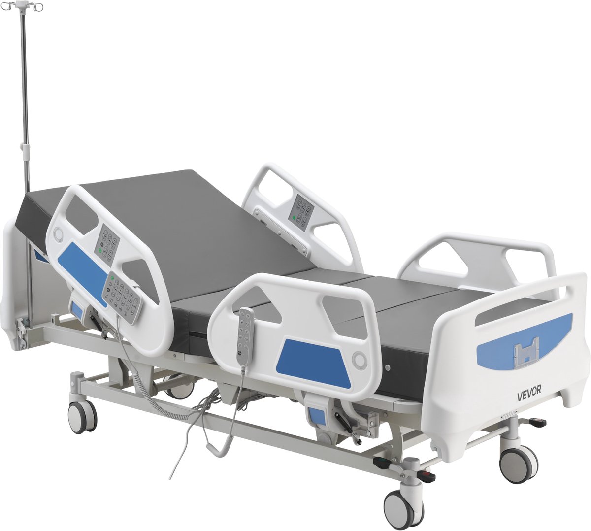 Vevor Elektrisch Ziekenhuisbed, 5 Functies - Verpleegbed met Hartstoel, Reanimatiefunctie, Trendelenburg- en Anti-Trendelenburg-Positie, Centraal Vergrendelingssysteem & 12,7 cm Wielen, Seniorenbed Wit, Blauw