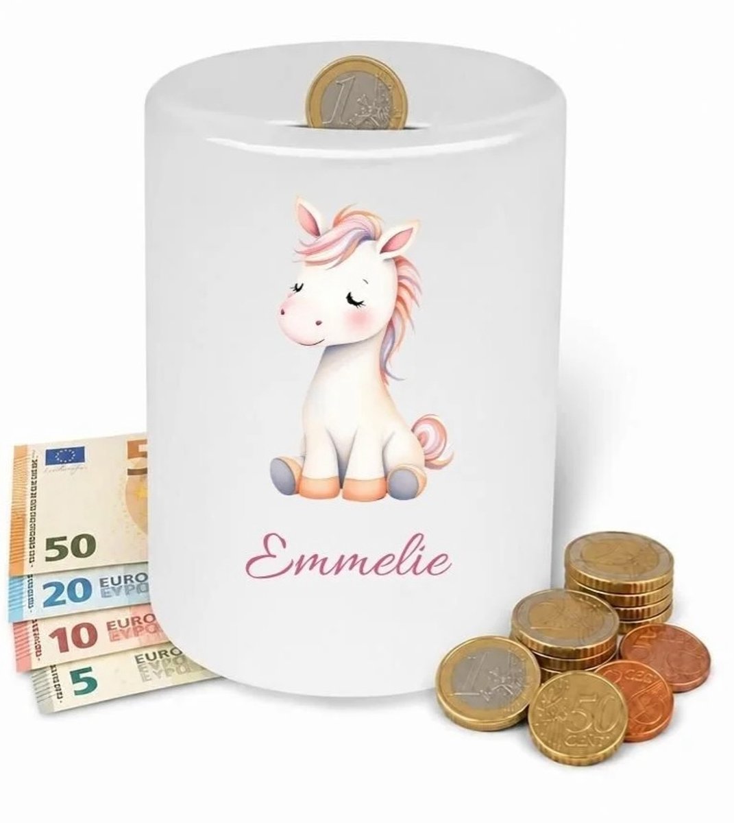 Spaarpot eenhoorn / unicorn zittend - gepersonaliseerd - met eigen naam - kinderkamer - babykamer - kraam cadeau - verjaardagscadeau