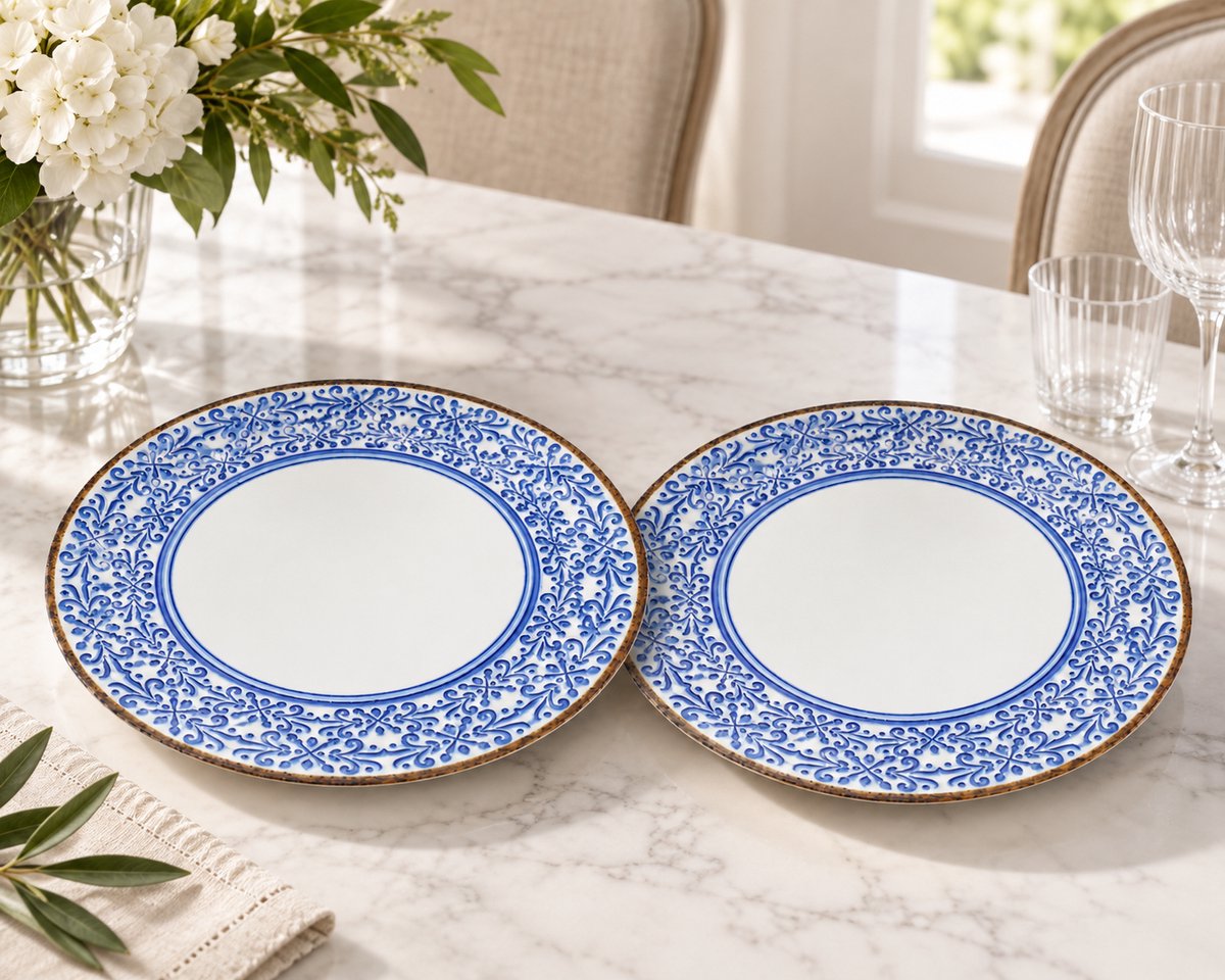 Fameilleur Grote Dinerborden 32 cm – Set van 2 – Blauwe Porseleinen Borden met Wit Decor en Bruine Rand – Platte Borden voor Pizza, Hoofdgerechten en Salades – Vaatwasser- en Magnetronbestendig - diner borden- bord - borden set -dinerbord