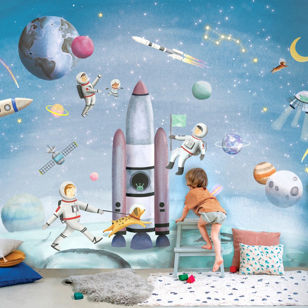 MIMI'Lou Kinderbehang Panorama Behang Ruimtevaart Raket Kinderkamer 400 x 25 cm