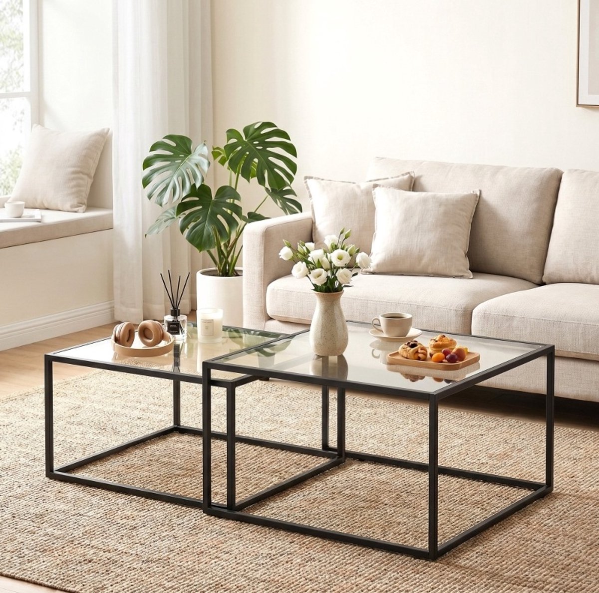 DESMIU Salontafelset - 2-Delige Nestelbare Salontafels - Gehard Glas En Metalen Frame - Voor Woonkamer - 75x75x42 Cm - Zwart