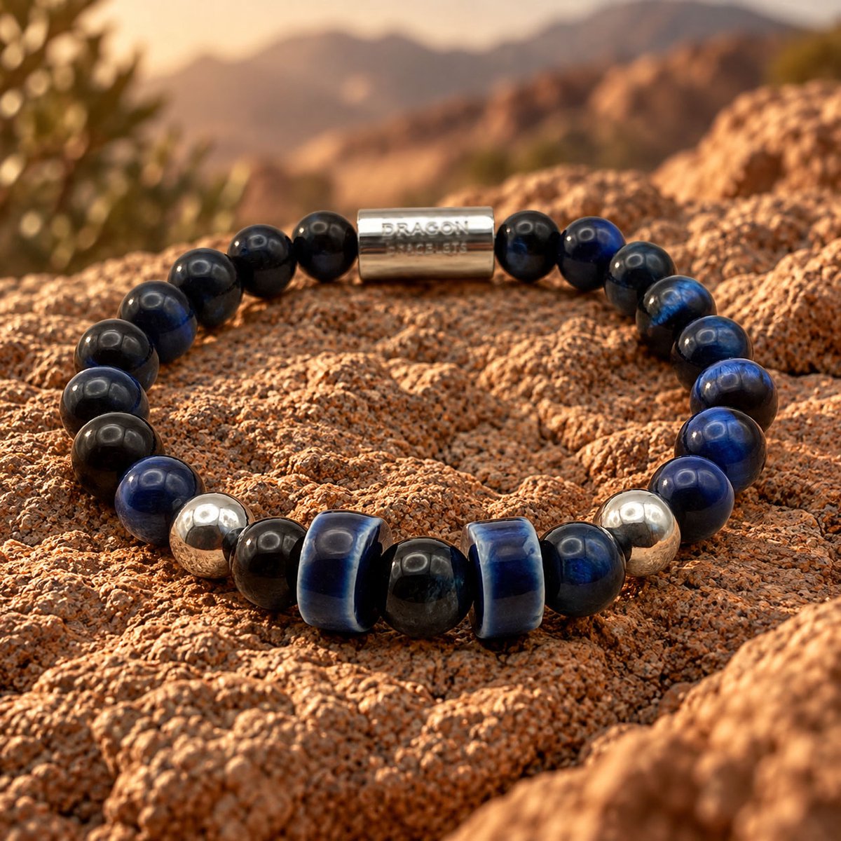 Dragon Bracelets® - Terra Midnight - Natuurstenen Armband - Tijgeroog - Geglazuurd Keramiek - RVS - Blauw