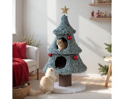 COSTWAY Krabpaal 123 cm -katten Kerstboom vorm - Kattenboom - Kattenkrabpaal - 2 Kattenhol - groen + wit