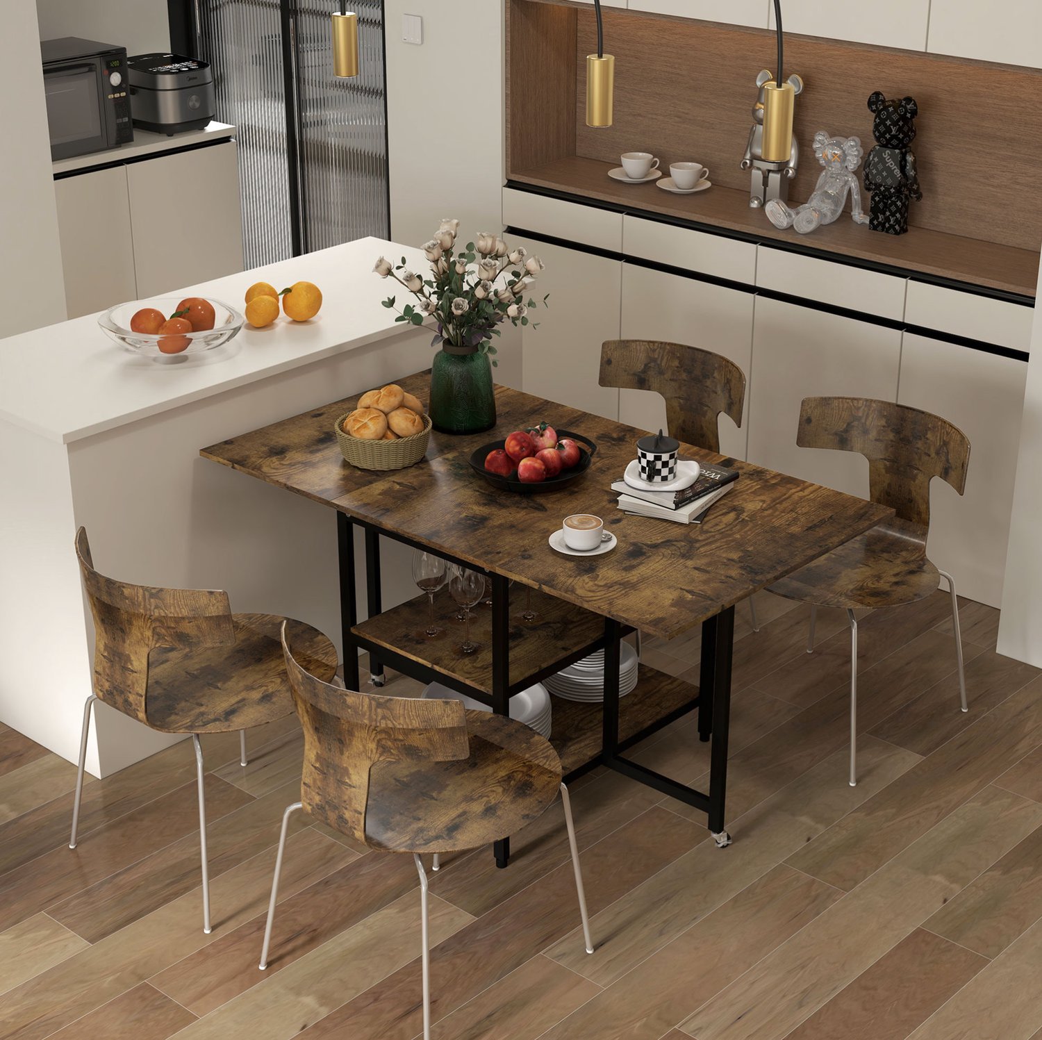 DESMIU Eettafel - Opklapbaar Met Twee Planken En Remwielen - Voor Kleine Ruimtes - Melamine Spaanplaat En Staal - 140x80x75 Cm - Bruin