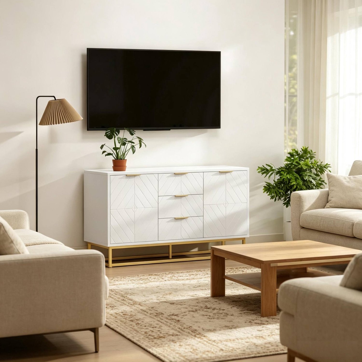 MODENUIT Dressoir - 3 Lades En 2 Deuren - Woonkamer En Eetkamer - MDF En Metaal - 120x40x76 Cm - Wit En Goud