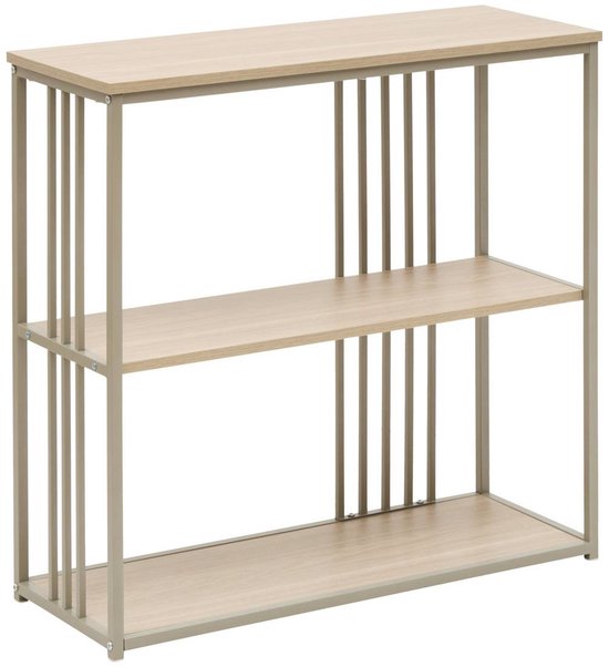 Rechthoekige Duna-console met drie lichthouten planken en een beige metalen frame met verticale stangen.