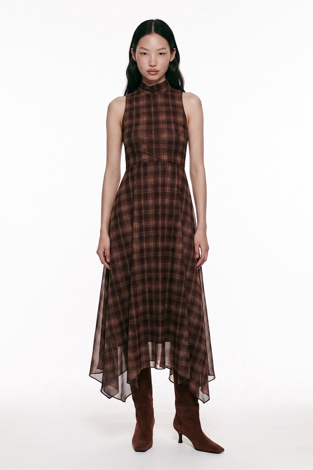 Van Verla - Asymmetrische midi jurk Dames - Mouwloos - Hoge hals - Bruin - Maat S