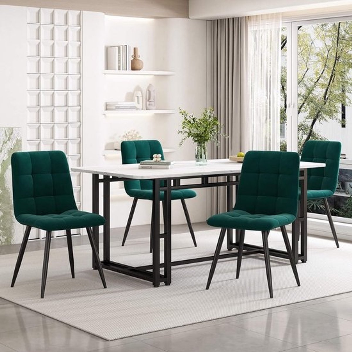 Eetkamerset - Moderne eettafel met 4 fluweelgroene stoelen - Geschikt voor keuken en woonkamer