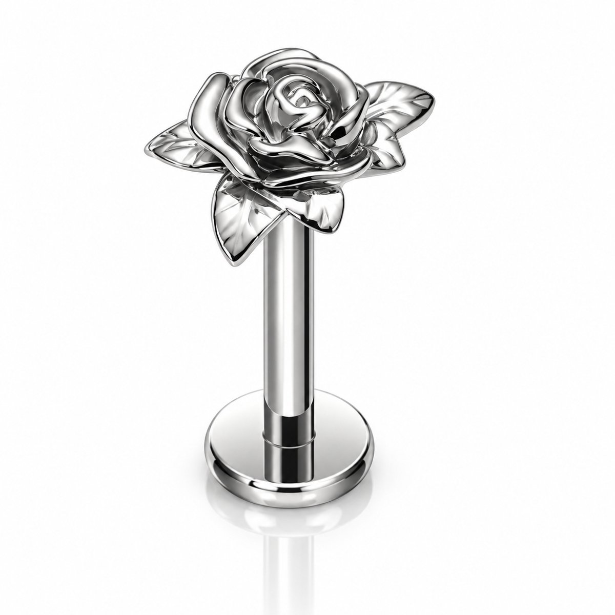 Maevi® Piercing voor Oor - Kleur: Zilver - Formaat: 1.2 x 8 MM - Tragus / Kraakbeen / Helix / Conch - Oorpiercing - 18K Goldplated / Titanium - Hoge Kwaliteit - Labret - Luxe Sieraad - Oorbellen - Roos / Rose / Rozen / Bloem - Incl. Luxe Verpakking