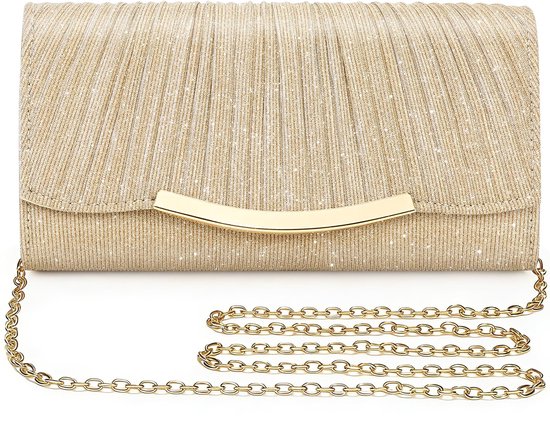 Gouden glitter clutch met gevouwen voorkant, gouden gesp en gouden ketting.