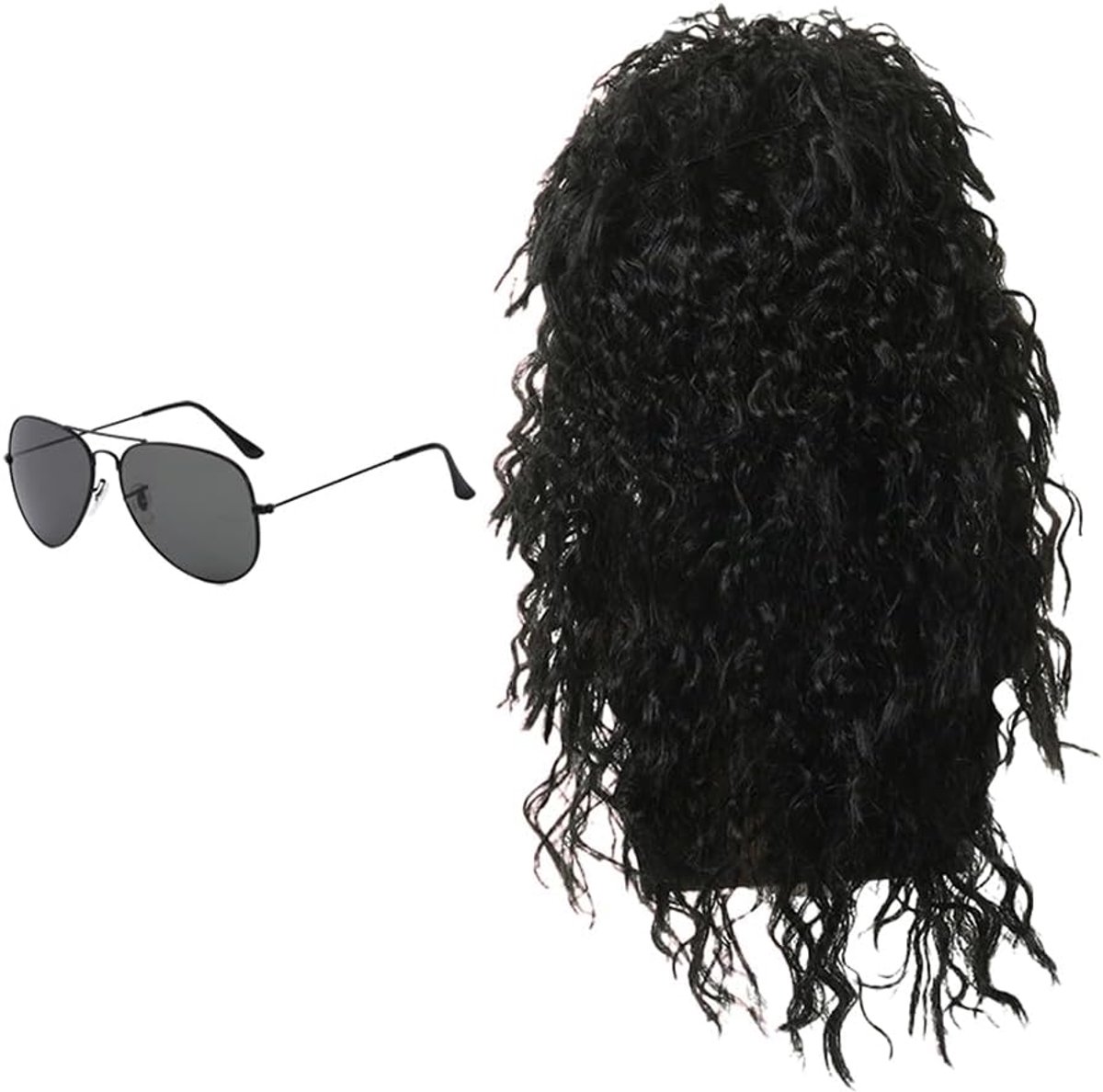 2 stuks rokpruikenset zwart lang krullend met zonnebril punk pruik heren jaren 80 Vokuhila pruik kostuumaccessoires voor feest Halloween carnaval zwart